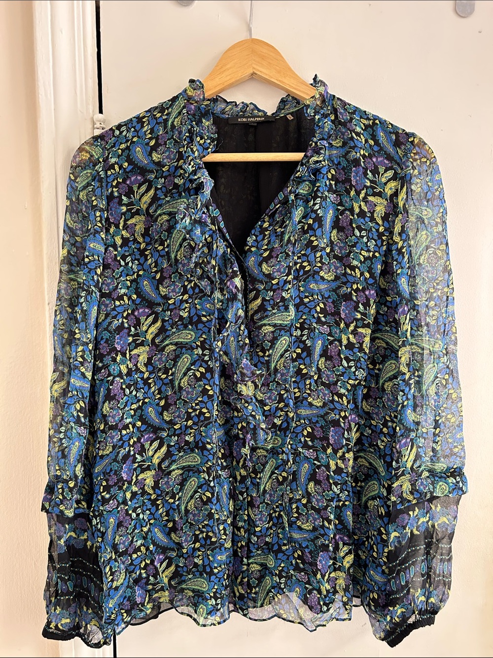 Kobi Halperin Sheer Paisley Ruffle Blouse - Blue, Black, Green